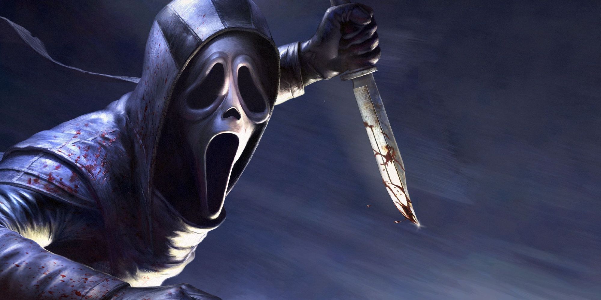 Ghostface as seen in Dead by Daylight, swooping in from one side with a bloody combat knife. 