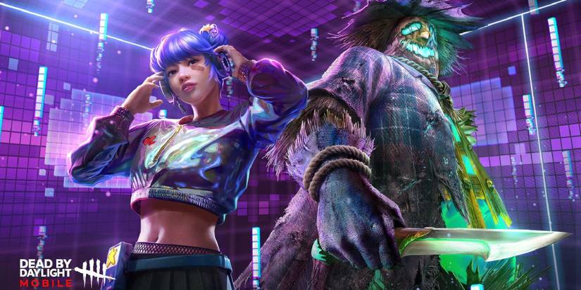 Feng Min in her gaming skin, standing back to back with a scarecrow clown. 