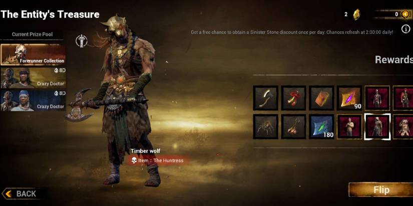 Screenshot of the Entity's Treasure shop, showing the Timber Wolf skin for the Huntress. 