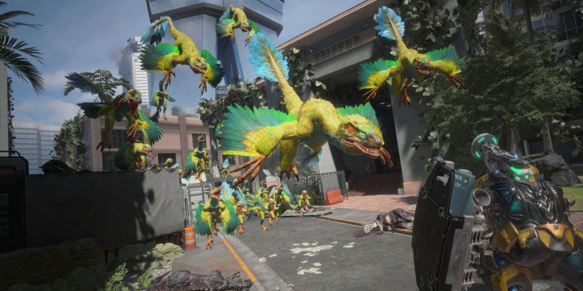 A group of brightly colored Deinonychus swooping on a player in Exoprimal