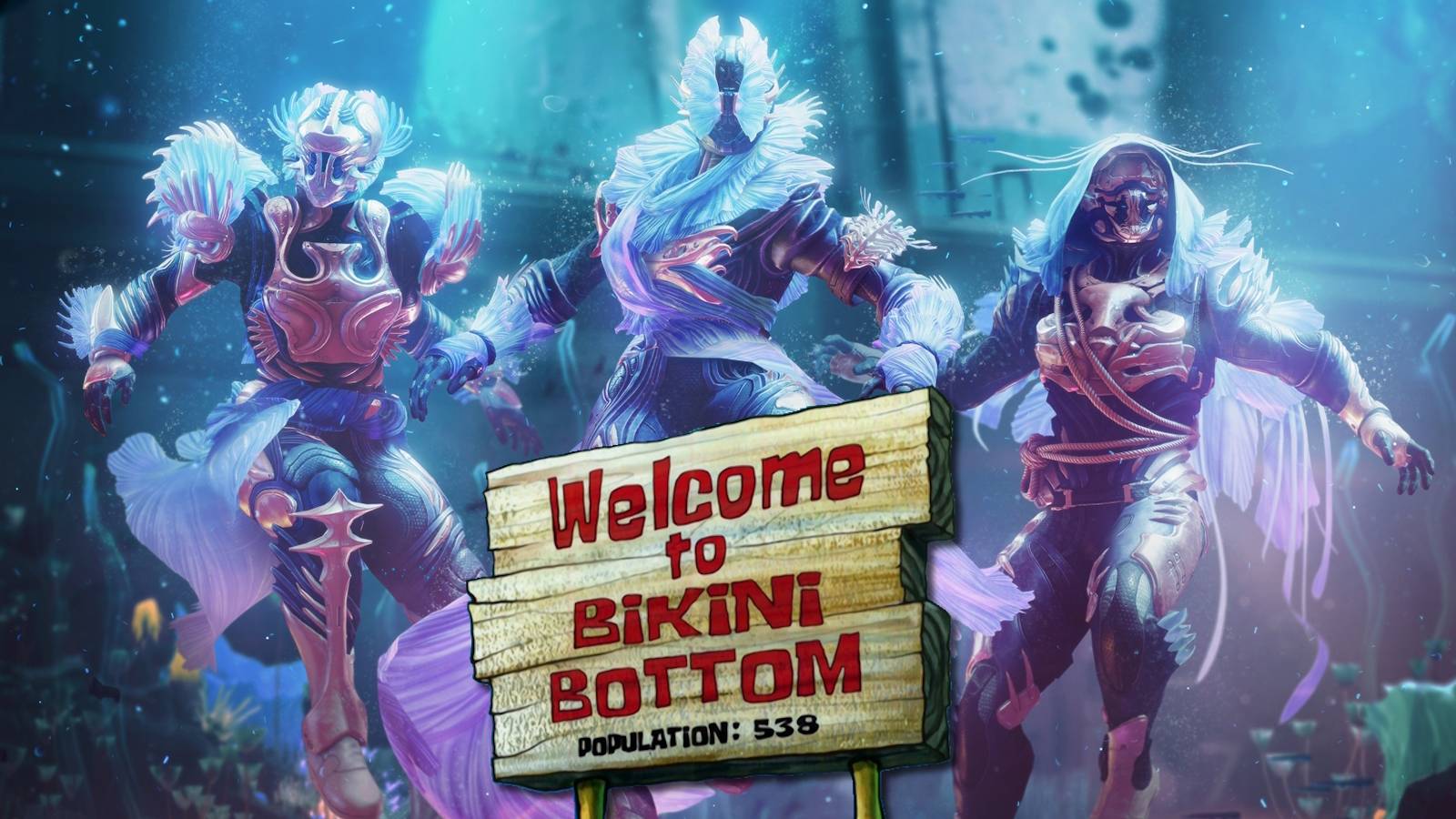 Destiny 2 Season of the Deep promo picture overlaid with Bikini Bottom sign from SpongeBob SquarePants