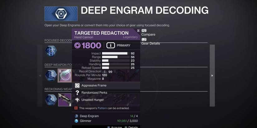 targeted redaction hand cannon in deep engram decoding destiny 2