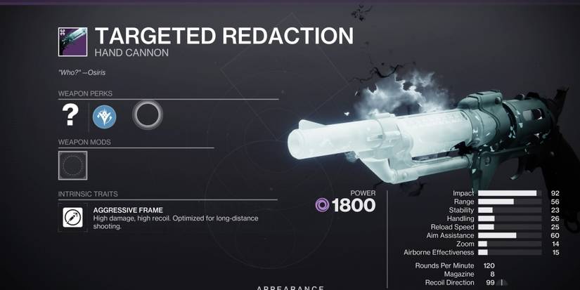 targeted redaction legendary hand cannon destiny 2