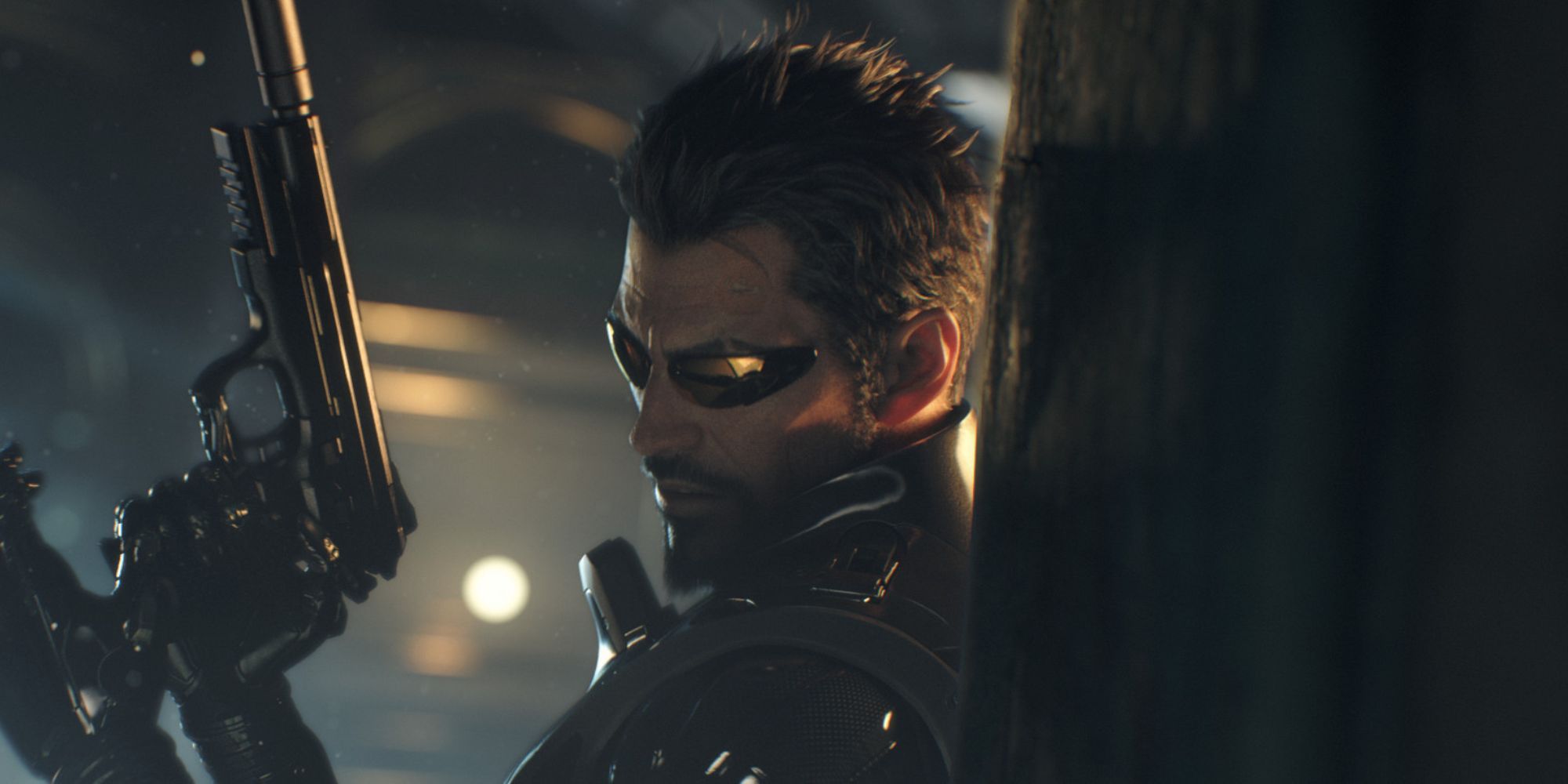 Adam hiding behind cover in Deus Ex: Mankind Divided