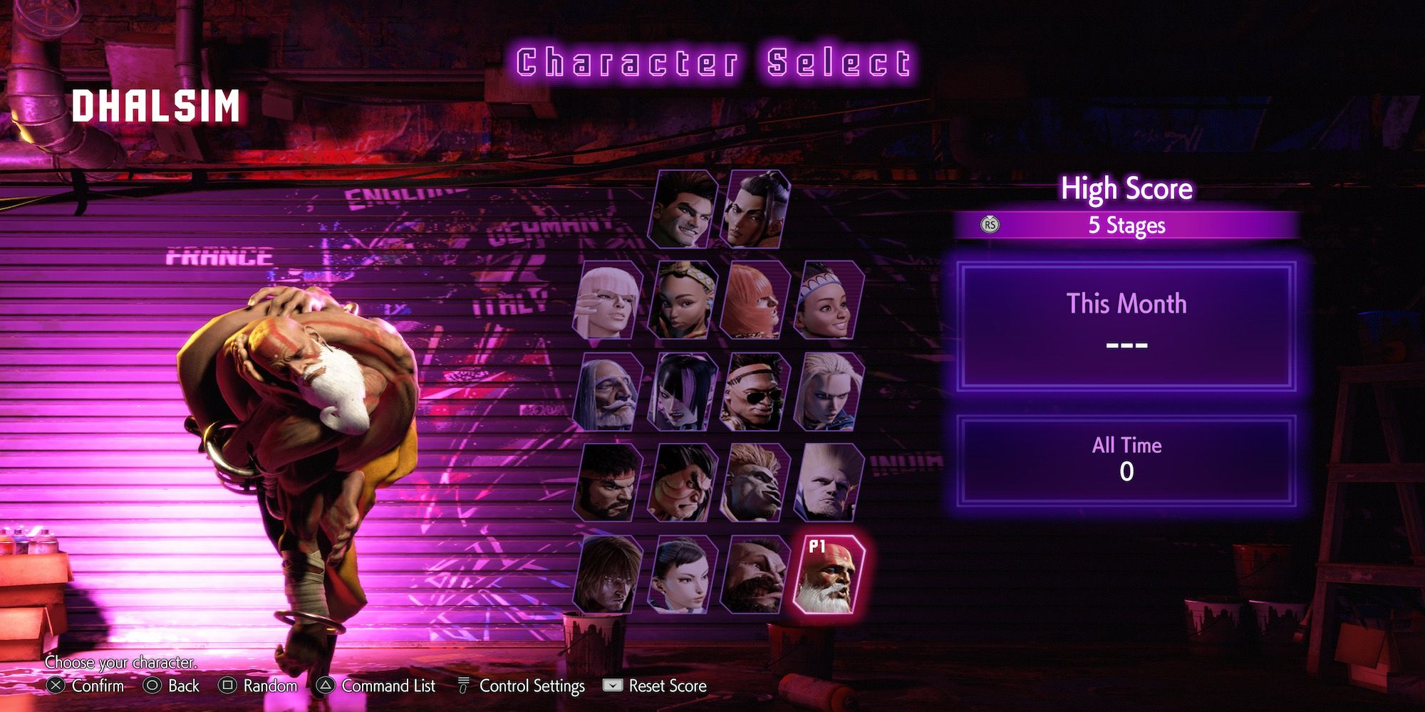 Dhalsim in the character roster in Street Fighter 6