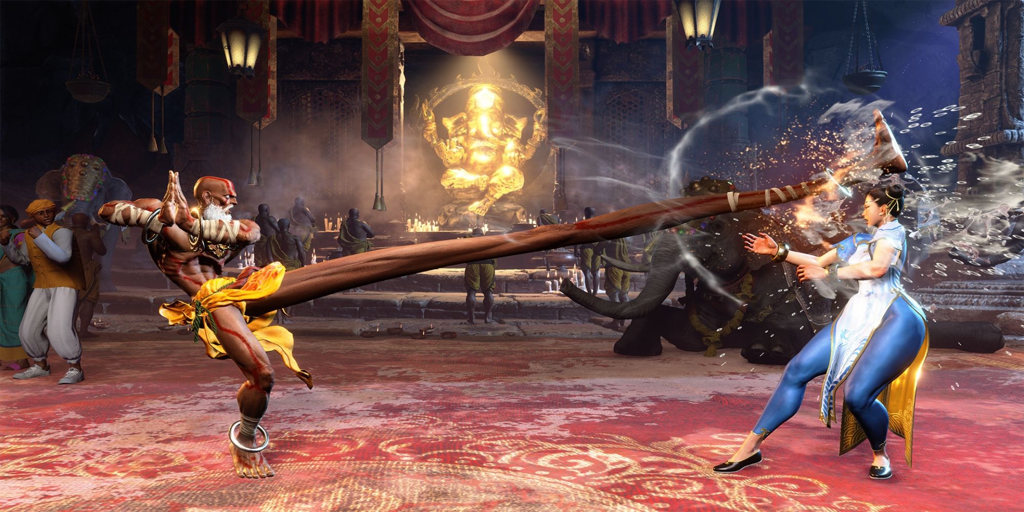 Dhalsim extends his legs to hit Chin-Li in Street Fighter 6