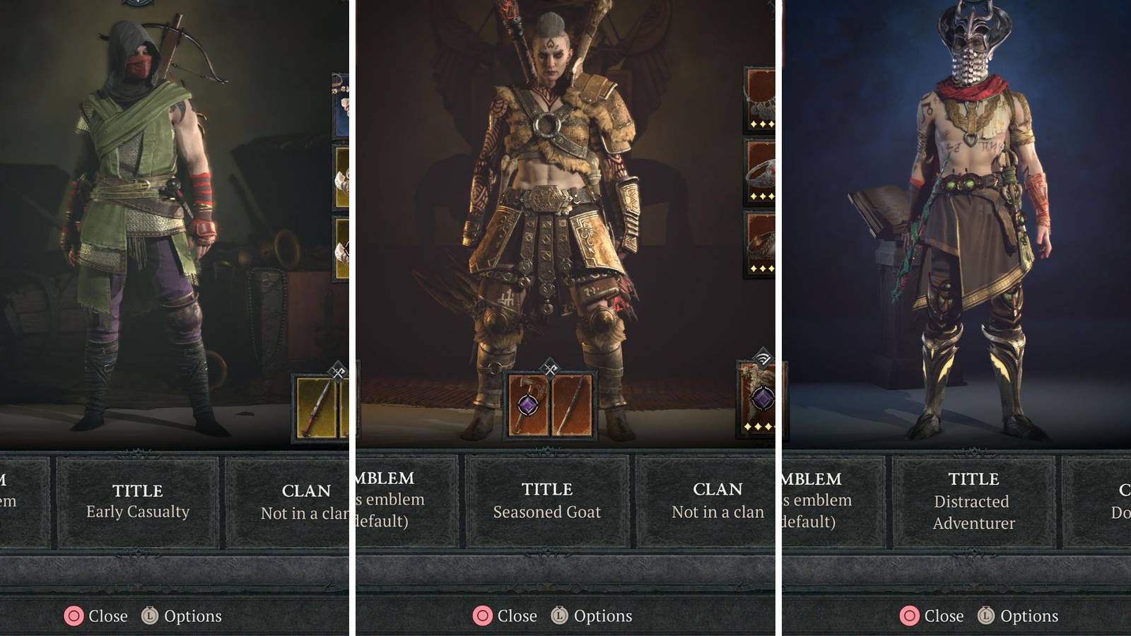 A grid showing three different characters with different titles in Diablo 4