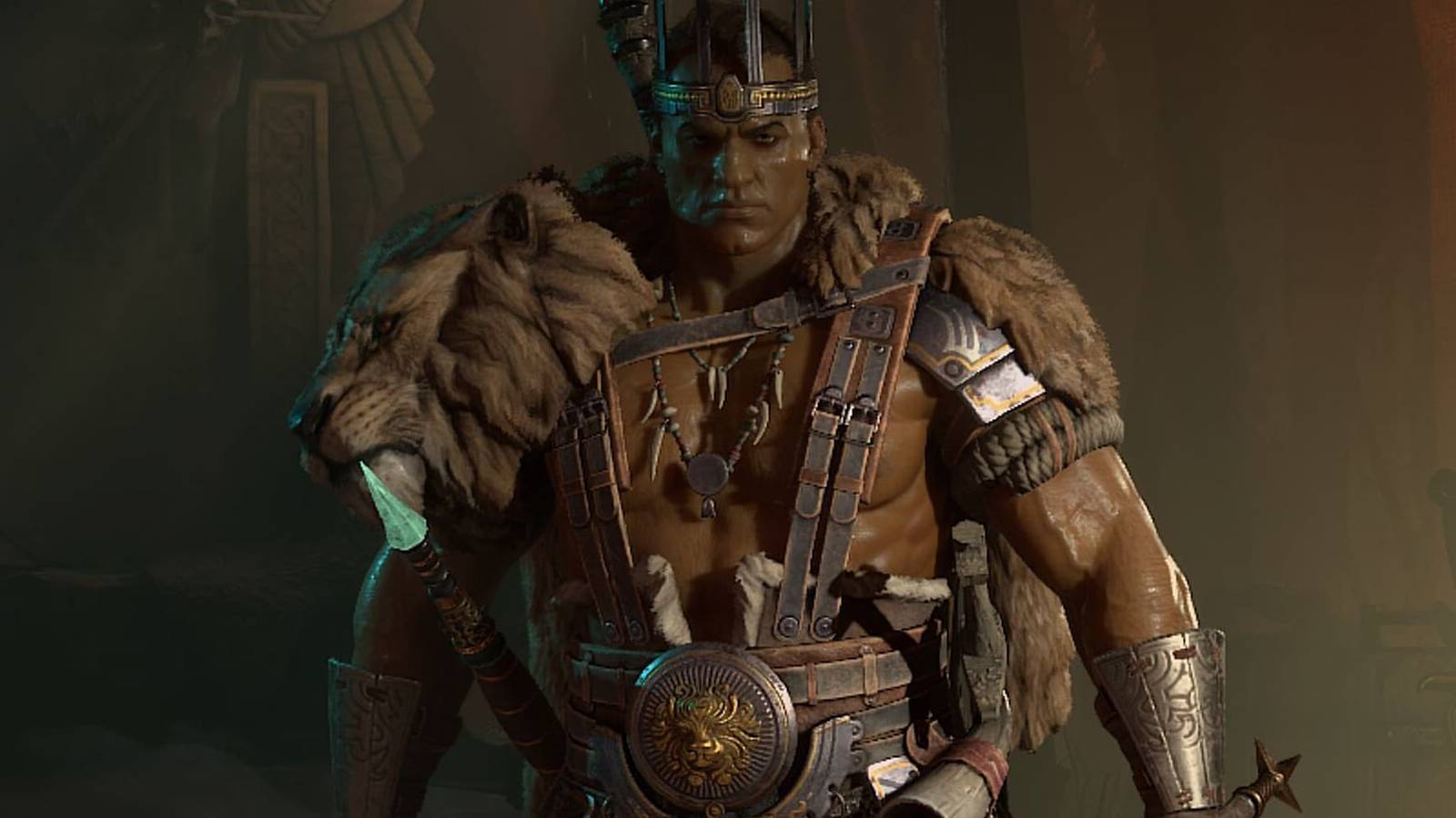 A closeup of the Barbarian class in Diablo 4