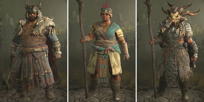 A grid showing three Druids in different armor sets in Diablo 4 