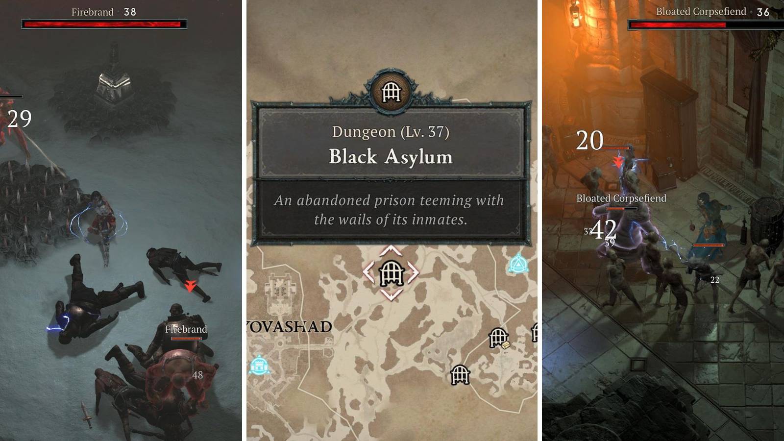 A grid of images showing the location of a dungeon and the interior of two other dungeons in Diablo 4