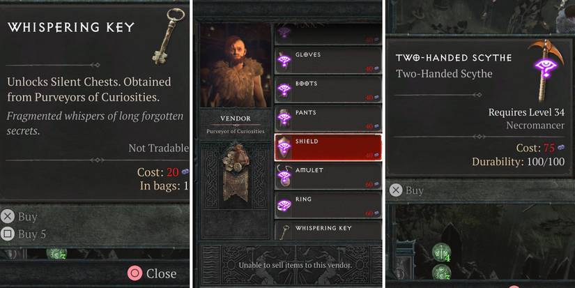 A grid of images showing the Purveyor of Curiosities vendor in Diablo 4 and two of the items they sell