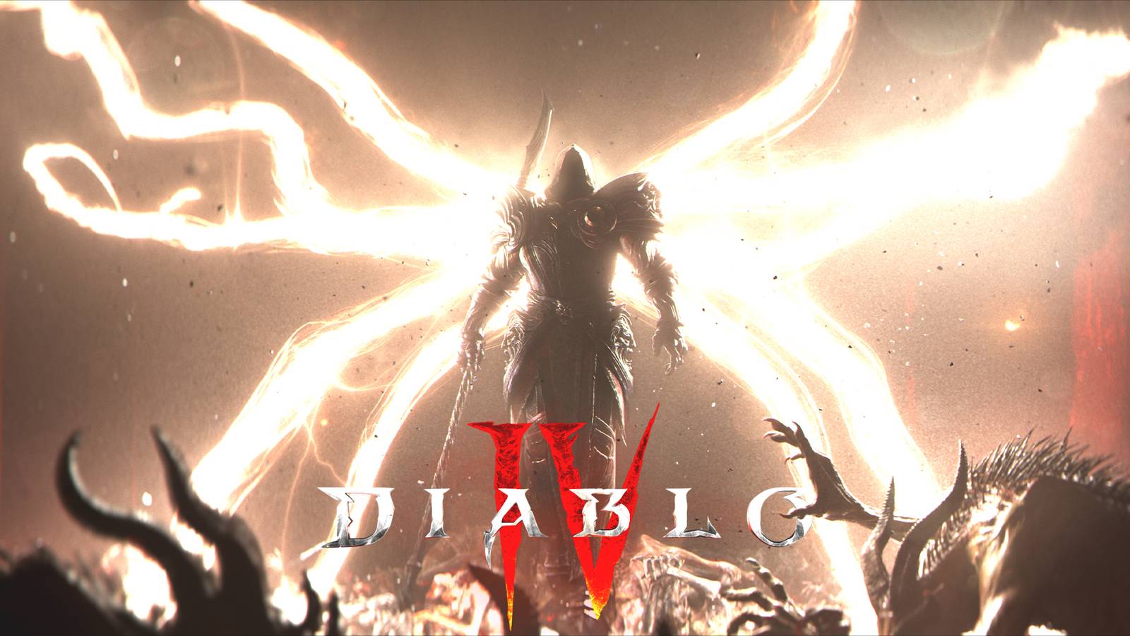 Diablo 4 cinematic still showing hero above game logo