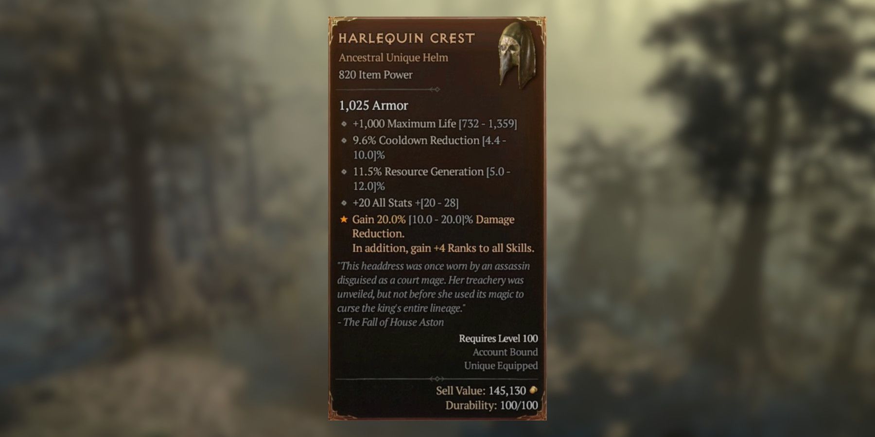 Diablo 4 harlequin crest stat card