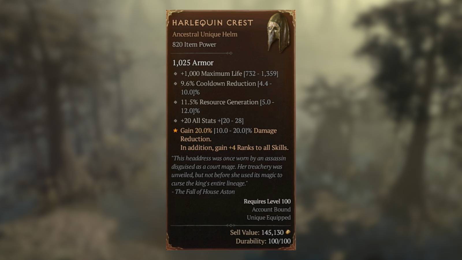 Diablo 4 harlequin crest stat card