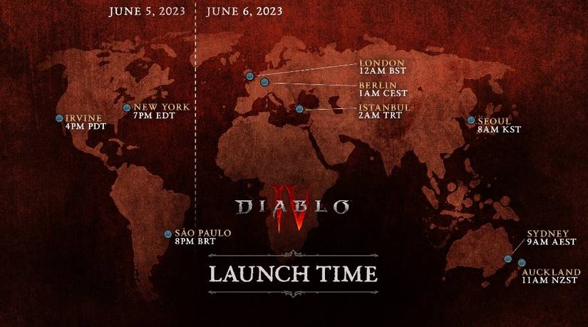 DIABLO 4 launch time map time zones blizzard