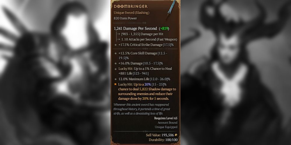 Diablo 4 Doombringer stat card with Lilith in background