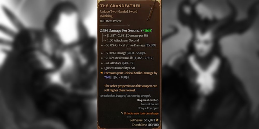 Diablo 4 Rarest Items Grandfather Unique stat card with Lilith 