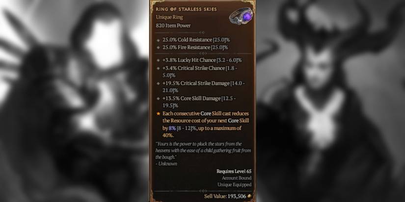 Diablo 4 Ring of the Starless Skies Unique stat card