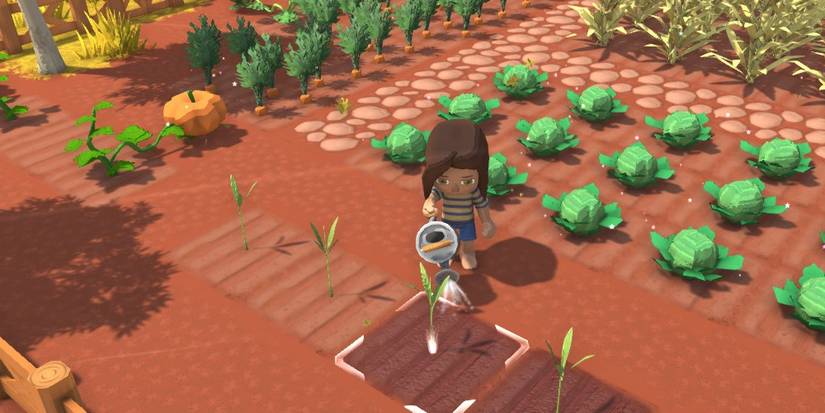 A screenshot from Dinkum showcasing a 3D character watering plants on a farm.