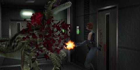 regina shooting a dinosaur