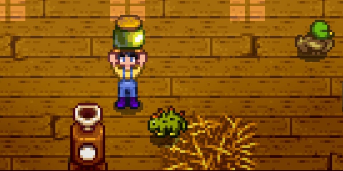 A farmer holding a jar of Dinosaur Mayonnaise beside a dino in Stardew Valley