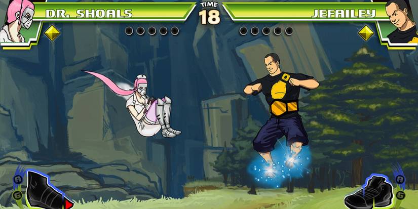 Dr Shoals and Jefailey from Divekick, preparing for mid-air combat. 