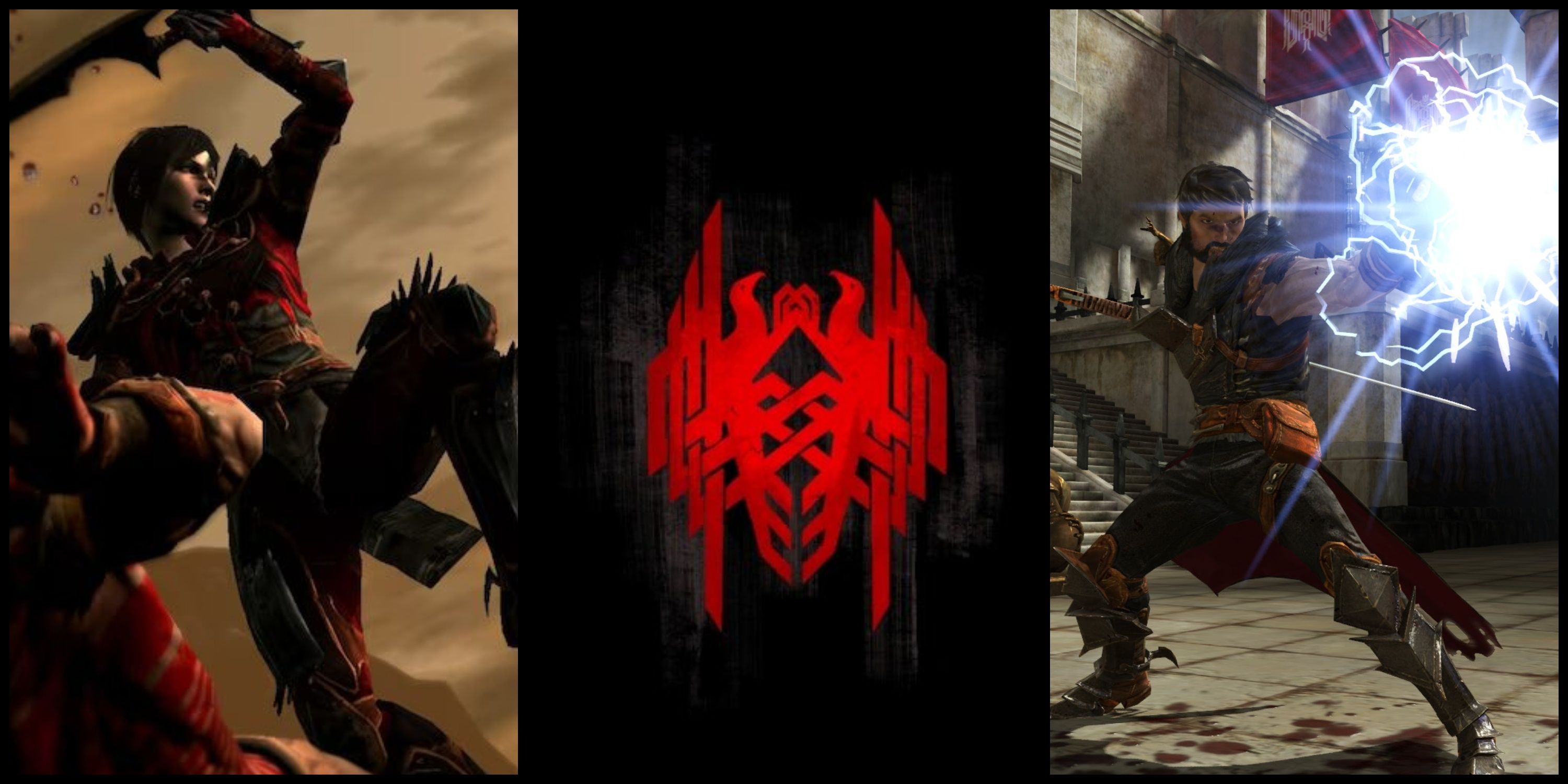 Female Hawke, the Amell family crest, and Male Hawke from Dragon Age 2