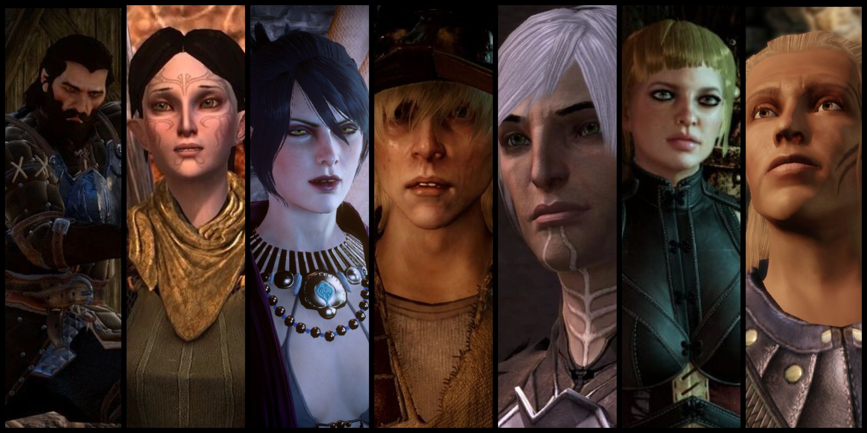 Dragon Age characters Blackwall, Merrill, Morrigan, Cole, Fenris, Sera, and Zevran