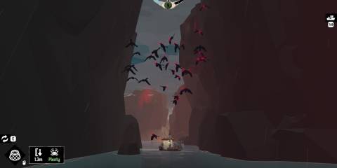 A boat sitting in the middle of a trench while birds fly overhead in Dredge