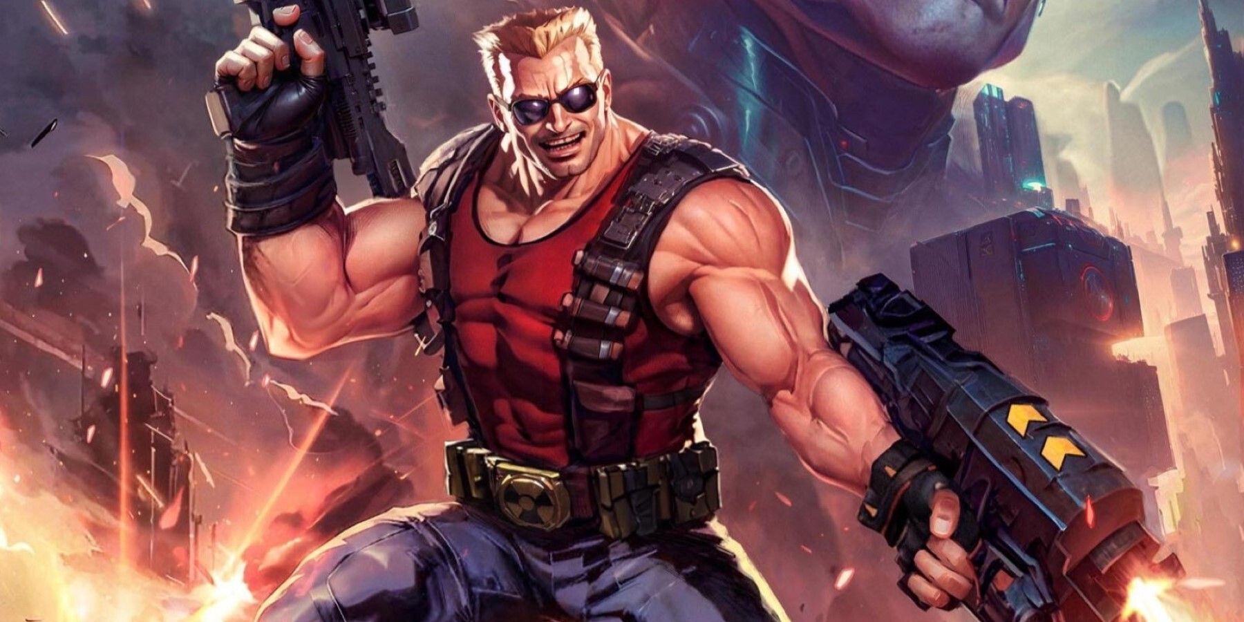 Character Duke Nukem wields two guns as explosions go off behind him