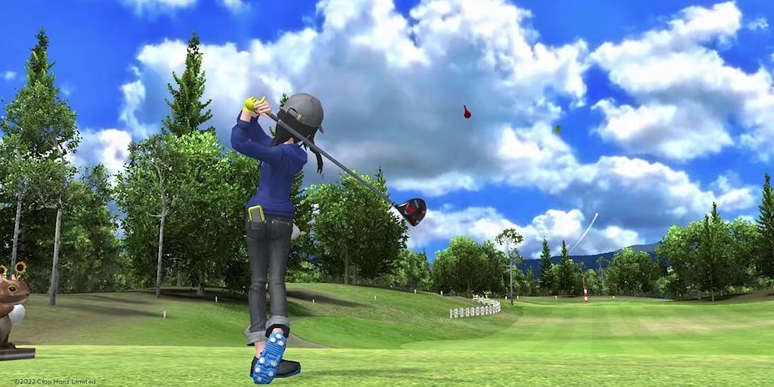 A golf player swinging their club at the start of a hole in Easy Come Easy Golf