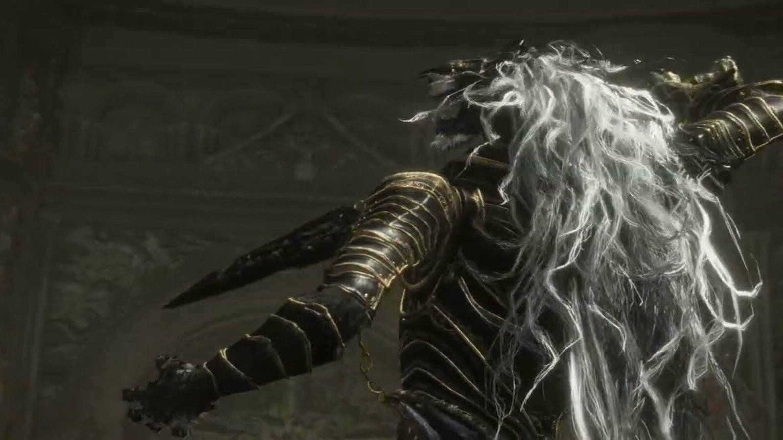 elden ring maliketh with a silver mane viewed from the back