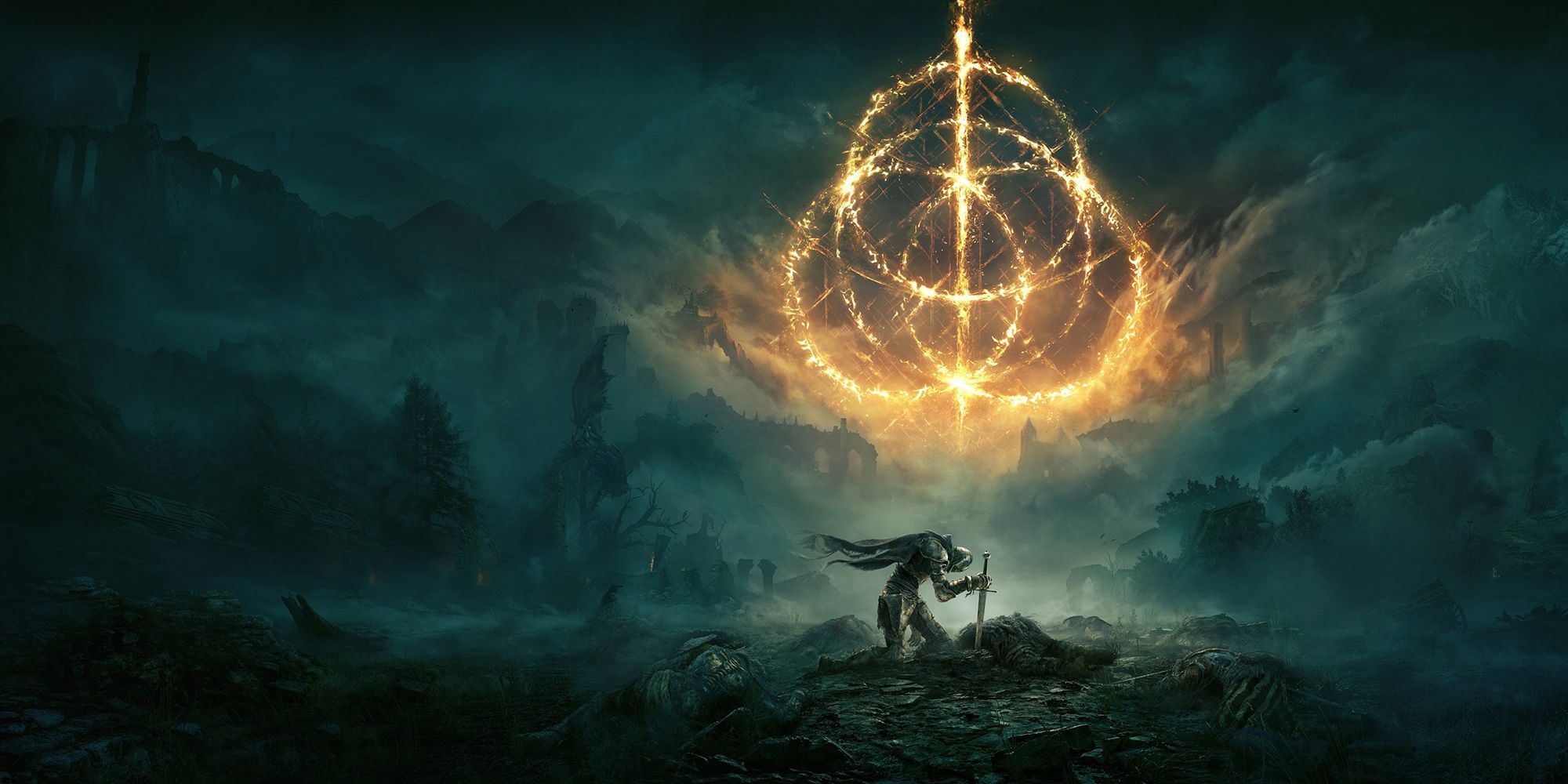 Elden Ring Promotional Art Showing Tarnished And The Elden Ring Rune Itself