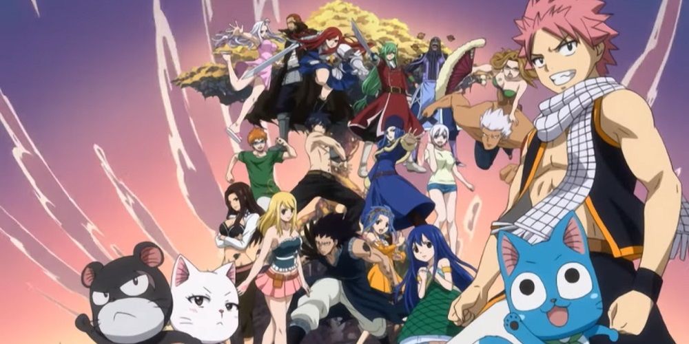 Group shot of the entire Fairy Tail guild in the opening Towa no Kizuna
