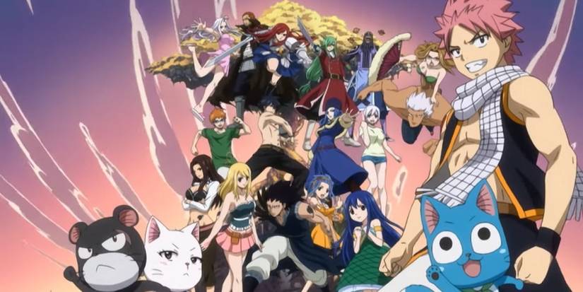 Group shot of the entire Fairy Tail guild in the opening Towa no Kizuna