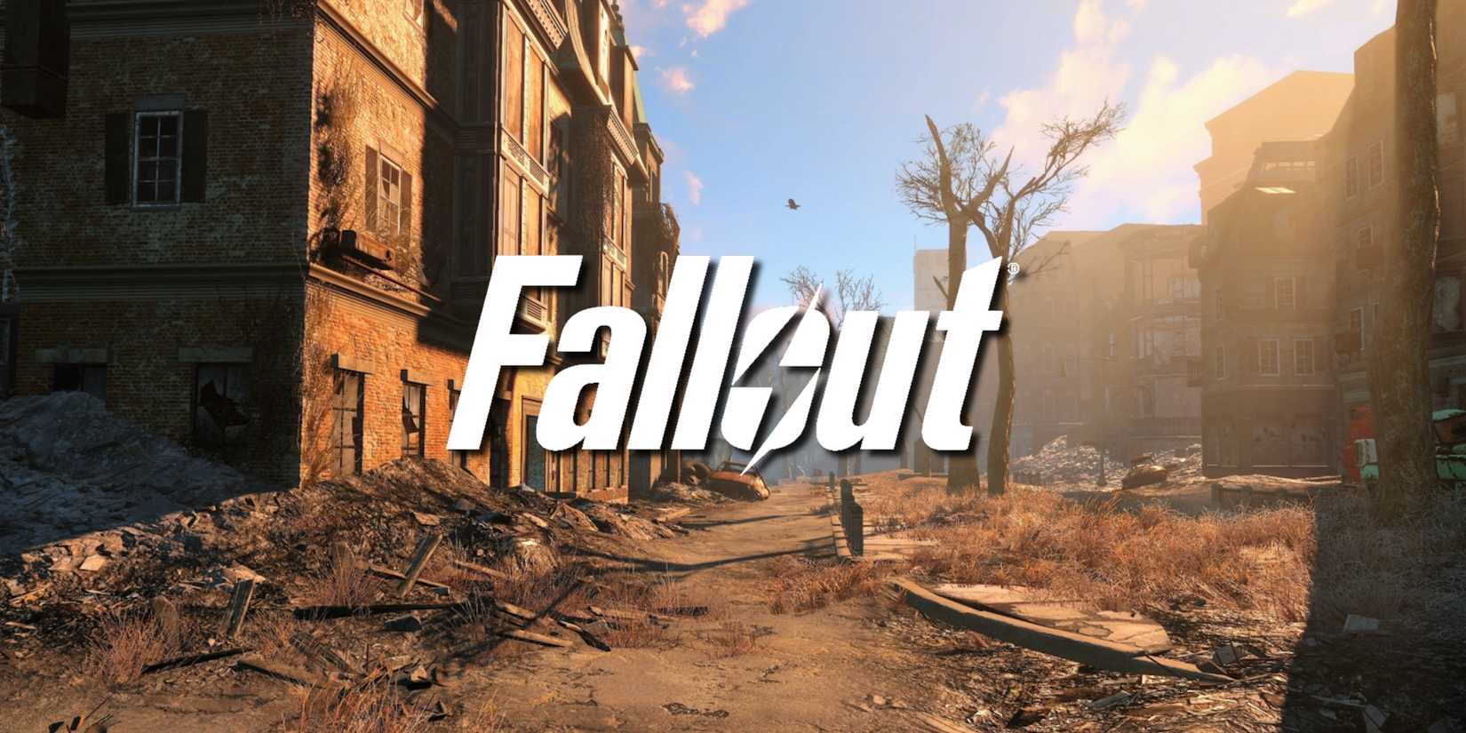 Screenshot of the Commonwealth from Fallout 4 overlaid with the Fallout logo