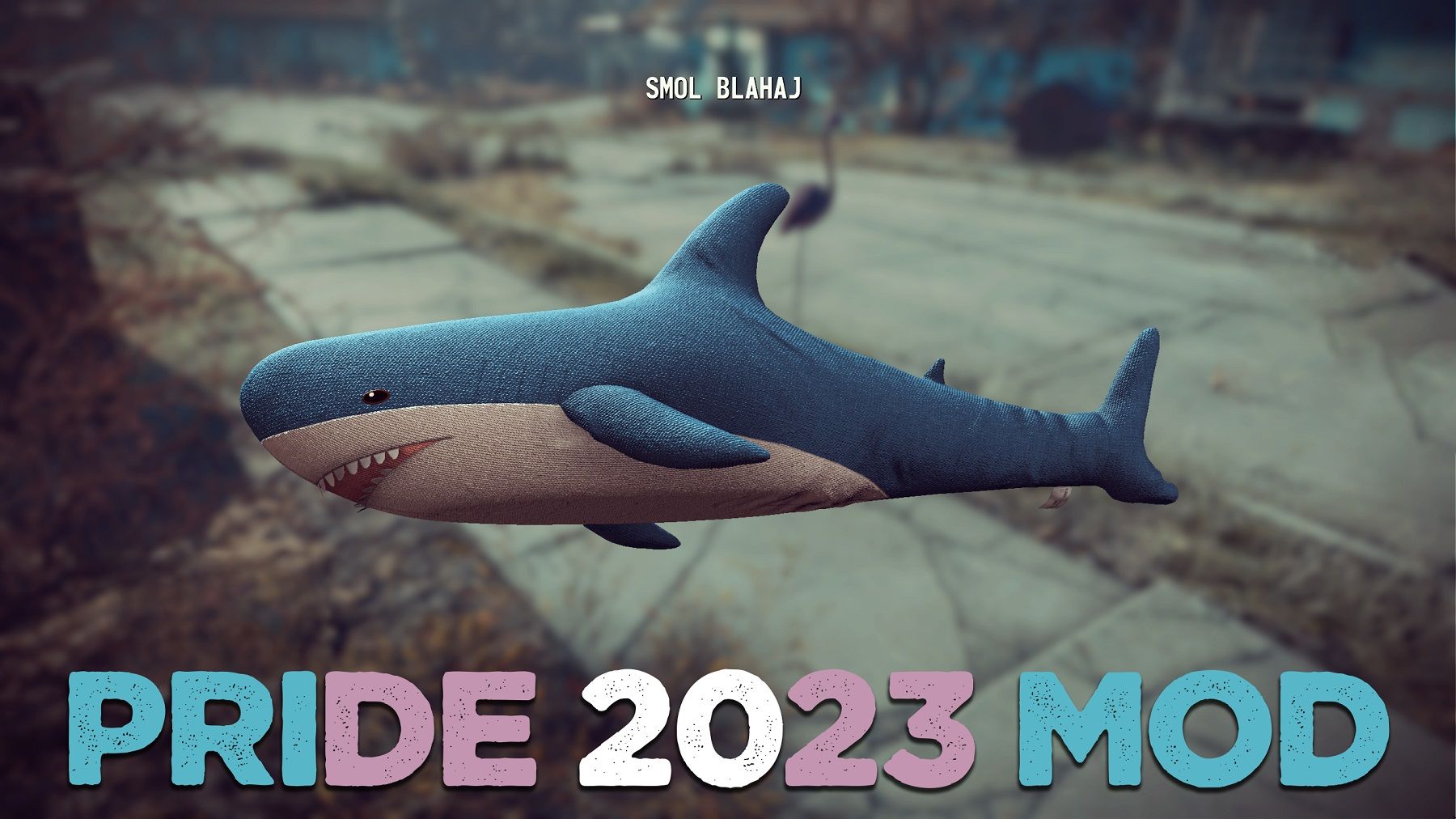 Image form Fallout 4 showing a toy shark with the words Pride 2023 mod written at the bottom.