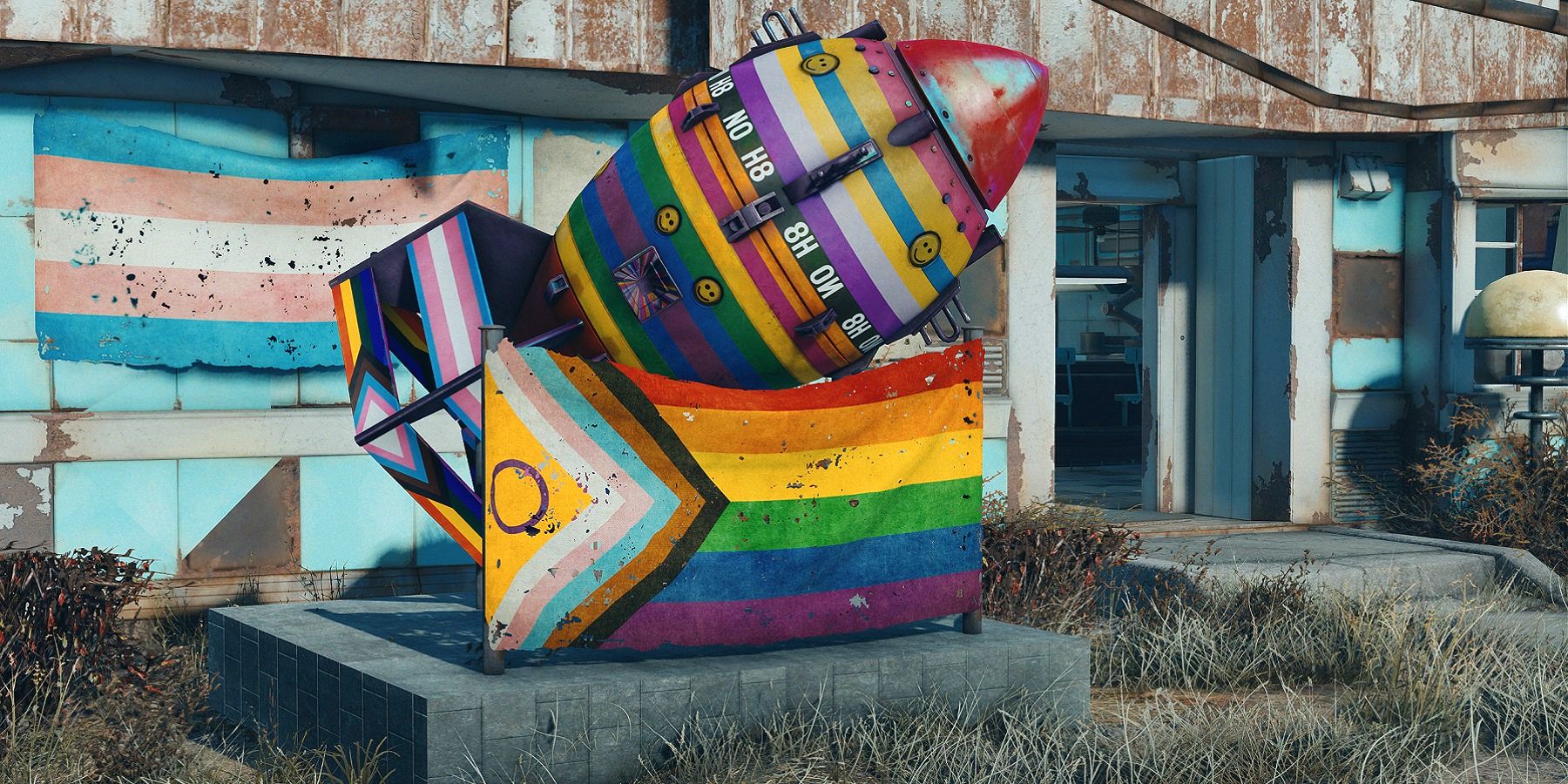 Image from Fallout 4 showing a large bomb and a flag in the Pride/Trans colors.