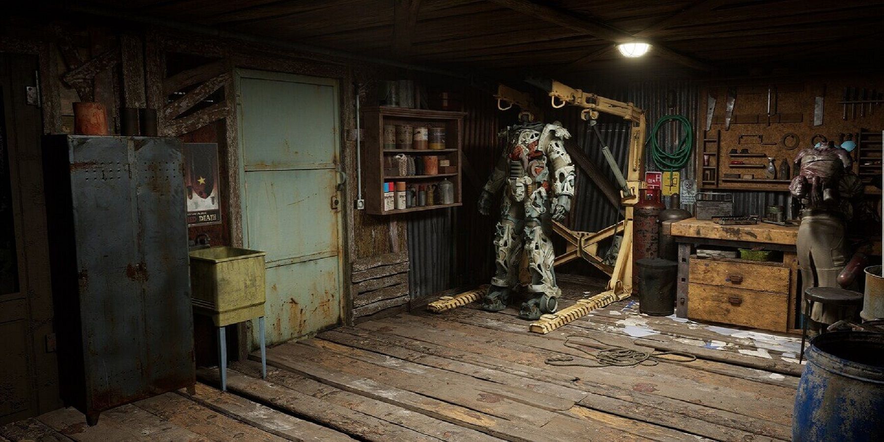 Image of Fallout 4 done in Unreal Engine 5 showing a suit of Power Armor in a workshop.