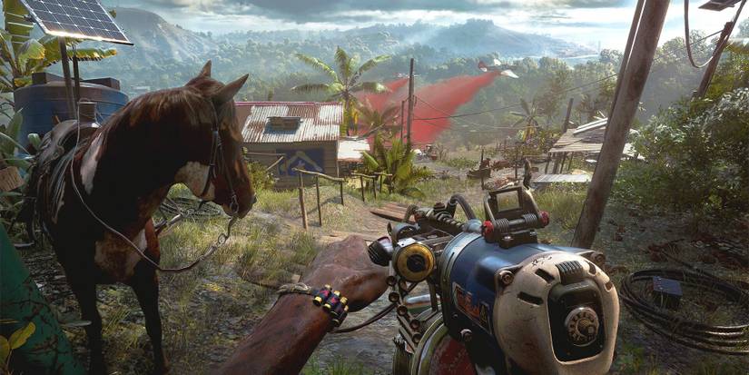 Horse weapon and forest in distance