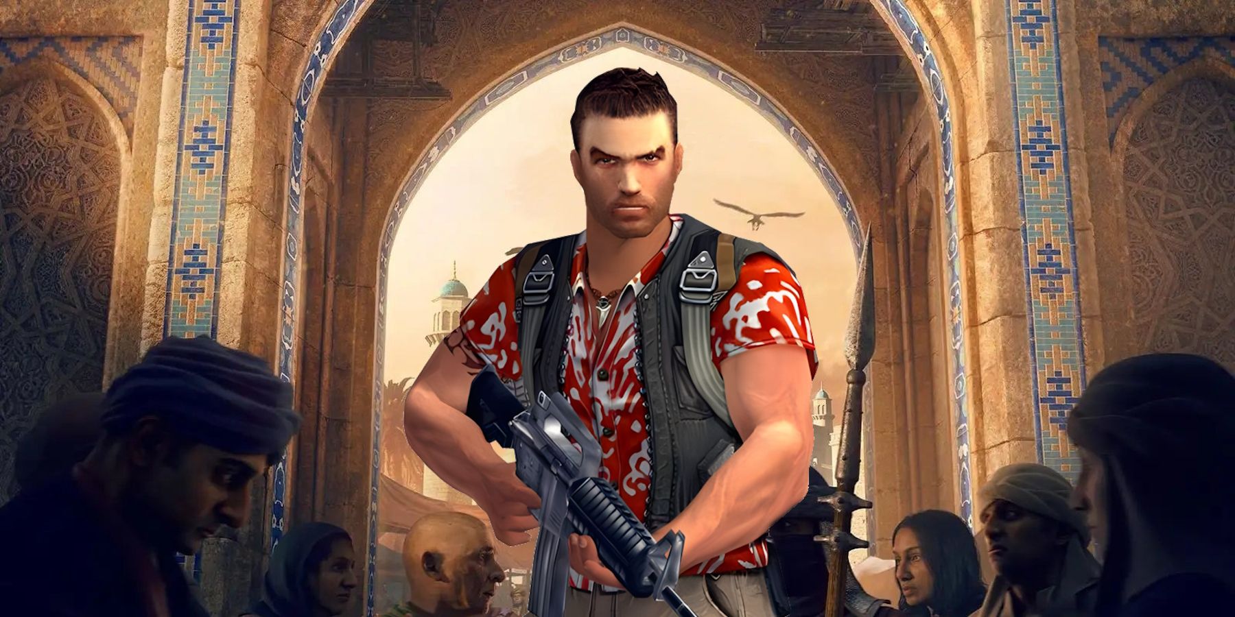 Jack Carver from Far Cry superimposed over an Assassin's Creed Mirage background