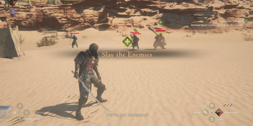 Clive prepares to fight three Bedmakers and The Innkeeper in Final Fantasy 16