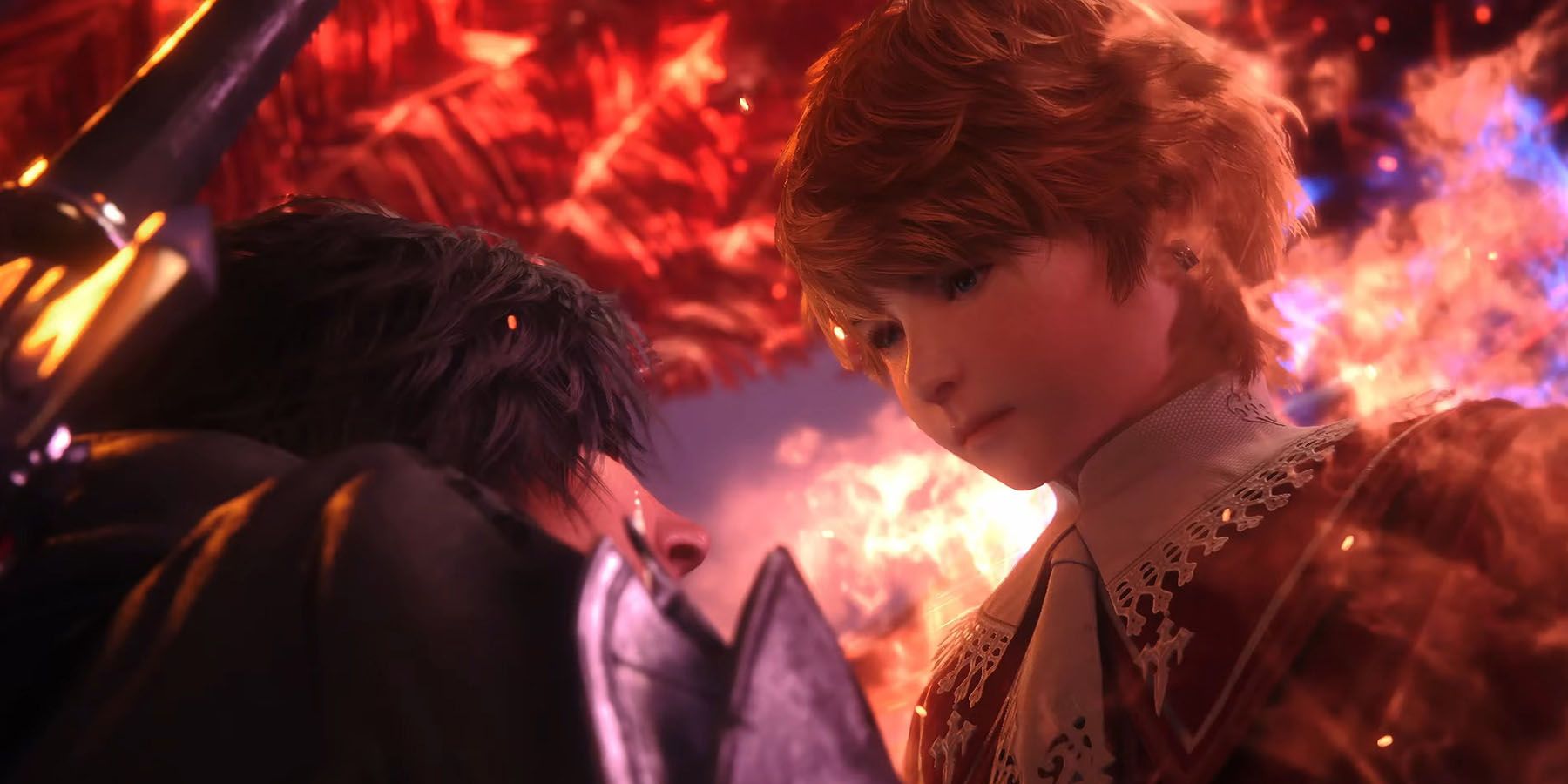 A screenshot of Clive and his brother Joshua amid a flaming backdrop in Final Fantasy 16.