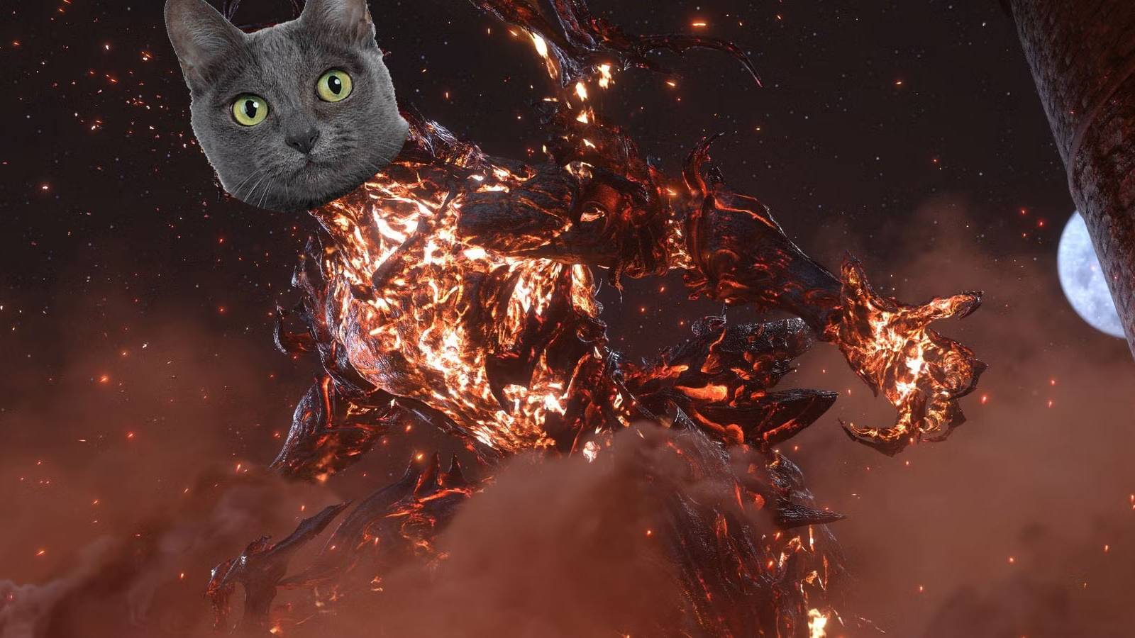 A screenshot of Final Fantasy 16's Ifrit with a cat's face placed on top.