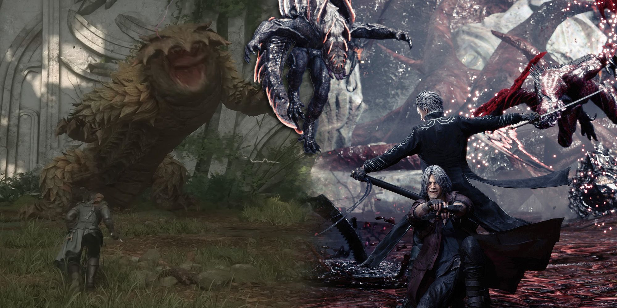 Final Fantasy 16 - Release Trailer Showing Clive Up Against Giant Lizard Next To Image of Dante and Vergil Fighting Together