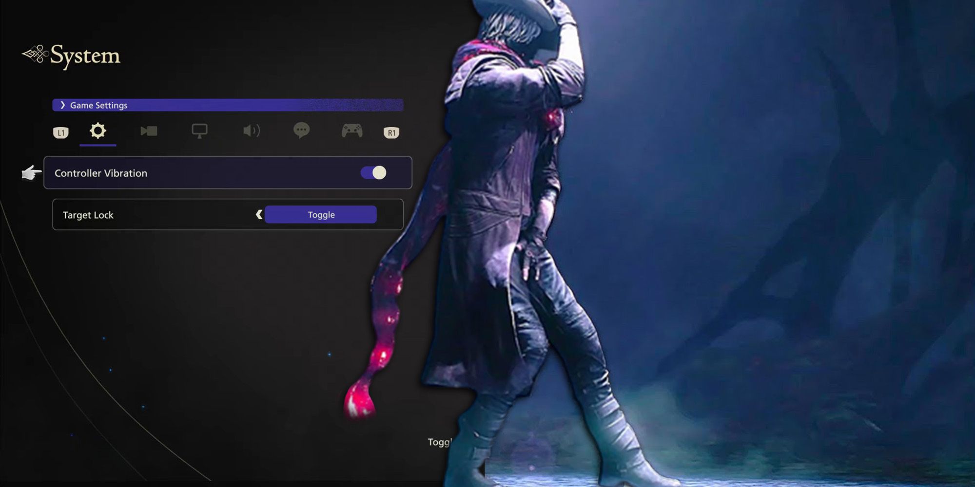 Final Fantasy 16 - Toggle Lock On Controls Next To Image Of Dante Dancing In DMC5