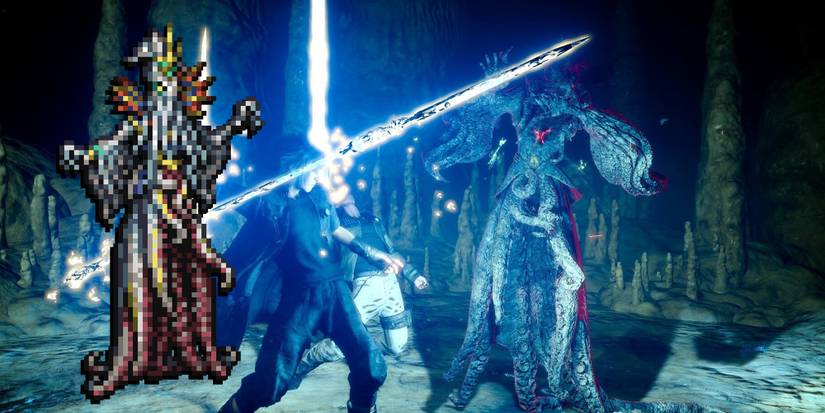 Final Fantasy - Noctic Battling A Mindflayer In FF15 With Record Keeper Pixel Art For Mindflayer Overlaid On Top