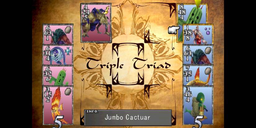 A card game in progress with cards lining the side, the name of the game in the center. 