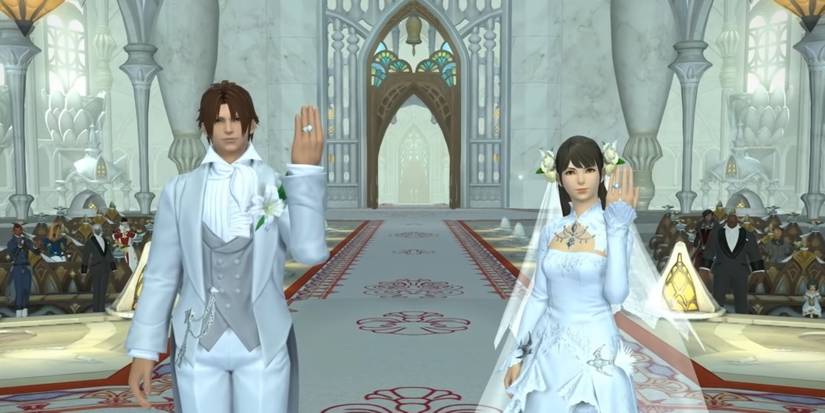 Final Fantasy XIV Two Humes marry in a basic marriage package