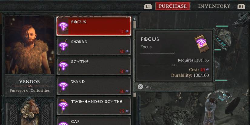 A player purchasing a Focus from the Purveyor of Curiosities in Diablo 4